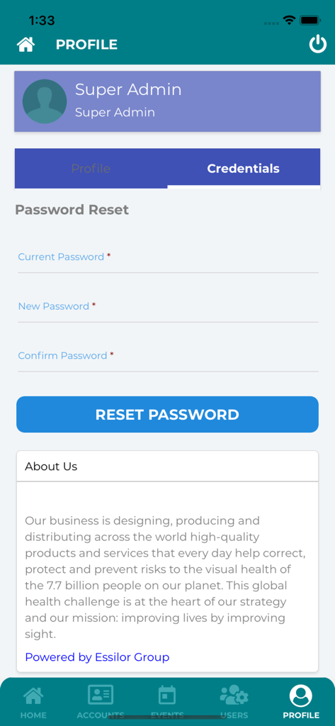Vision Screening Events App - Tela de perfil do usuário mostrando opções de redefinição de senha e informações sobre nós no aplicativo Vision Screening Events.