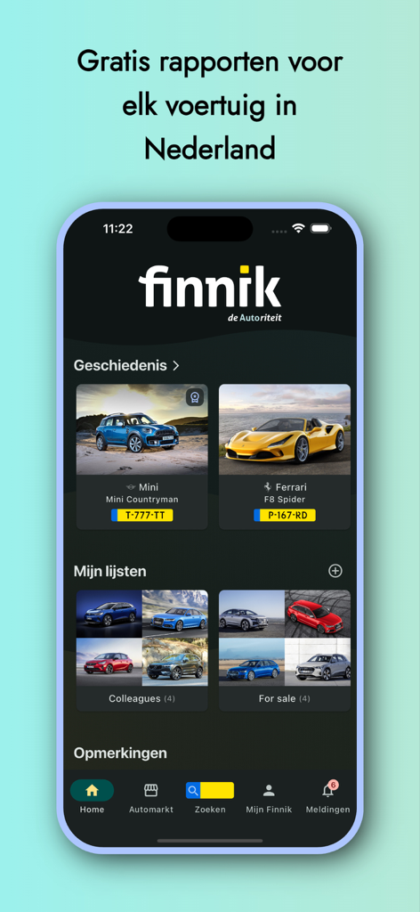Home screen of the Finnik iKenteken app featuring vehicle history and car reports for the Dutch market