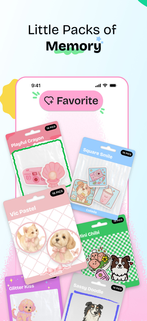 A collection of cute aesthetic digital sticker packs for scrapbooking and memory keeping within the ColadaPic app