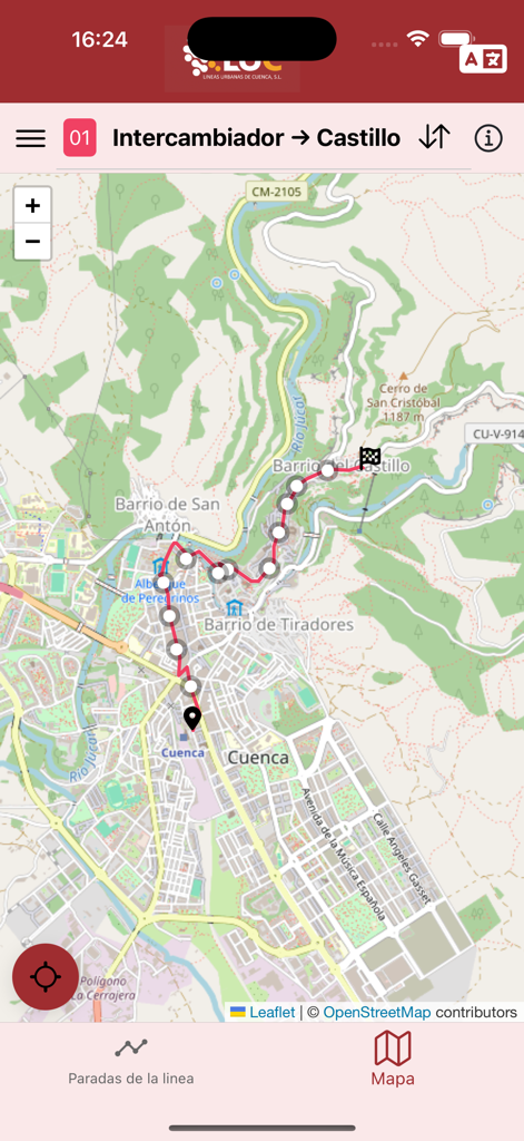 Lineas Urbanas Cuenca - Map view in the Lineas Urbanas Cuenca app showing a red bus route from Intercambiador to Castillo
