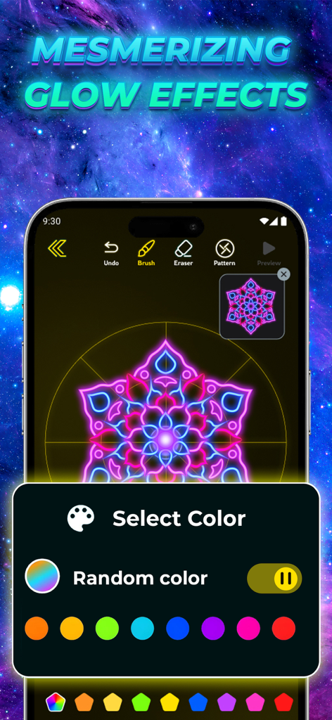 Smartphone-Oberfläche der Magic Glow Art App mit einem Neon-Mandala-Design und einer Farbpalette
