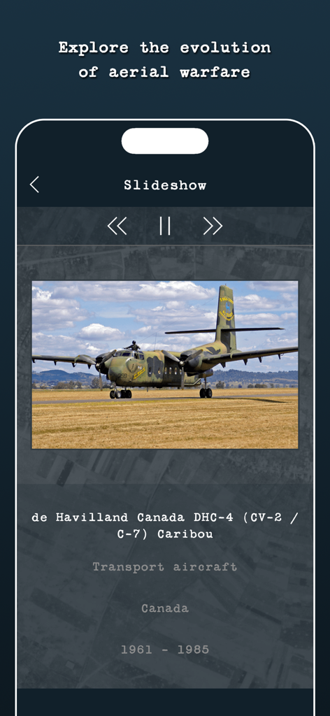 Guess the Military Aircraft - Slideshow screen in the app showing a de Havilland Canada DHC-4 Caribou transport aircraft