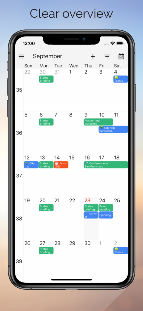 One Calendar - Monatsübersicht der One Calendar App mit farbcodierten Ereignissen und Terminen.