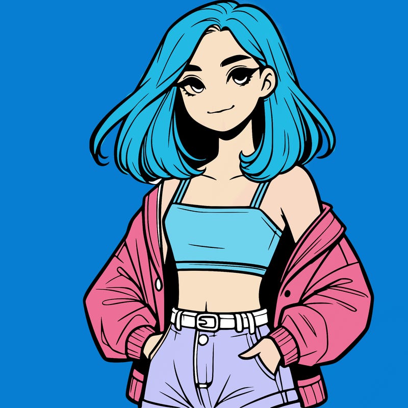 a realistic girl with a crop top and short shorts in an open jacket
