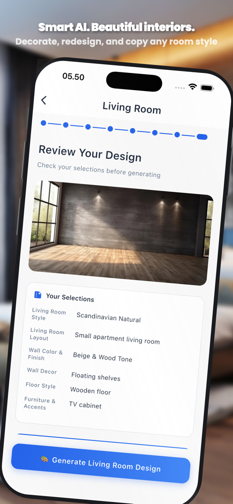 AI Home Design  Interior Decor - A smartphone interface showing the review design screen for a living room with selections for Scandinavian style and wooden floors in the AI Home Design app.