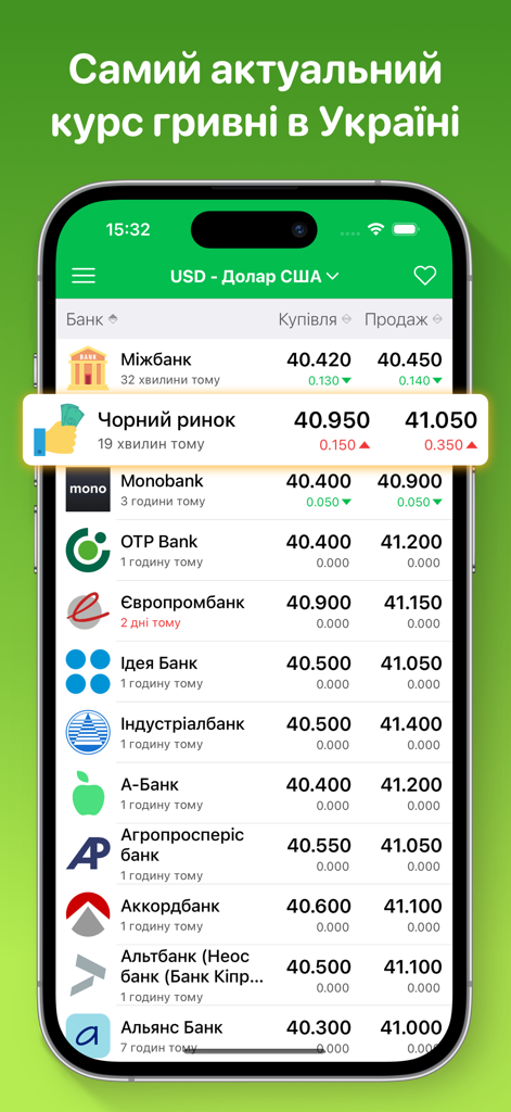 KursGrivni mobile app showing USD to UAH exchange rates for Ukrainian banks and the black market.
