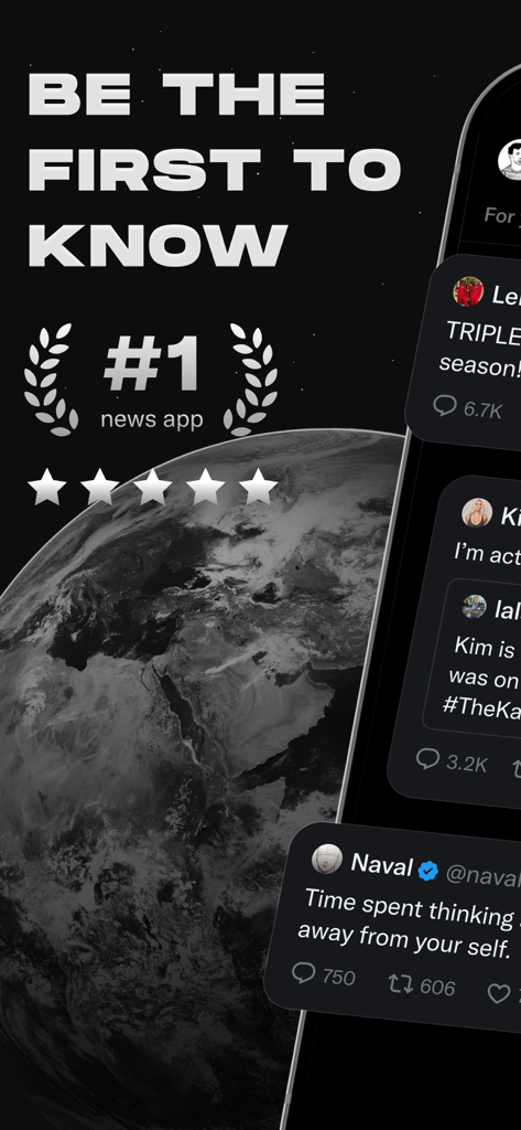 X app screenshot featuring the headline Be the first to know and ranking as the number one news app over a globe background