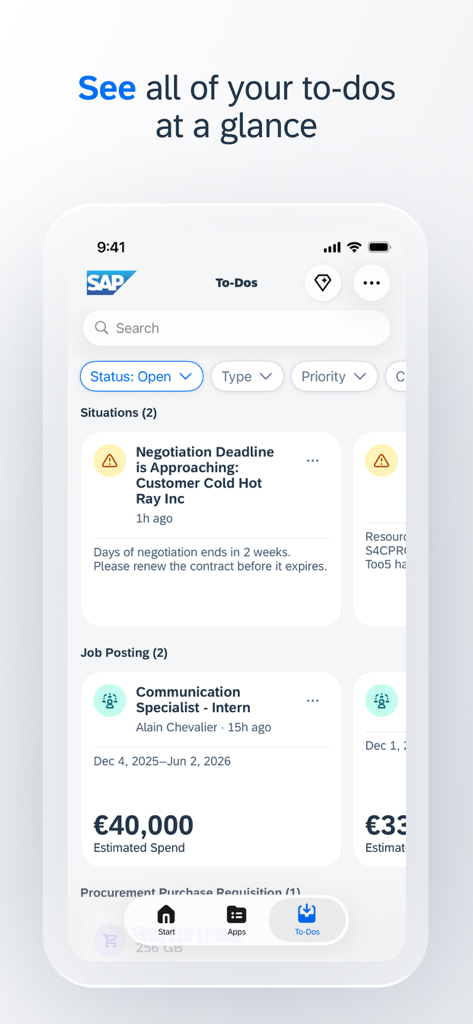 SAP Mobile Start - A mobile interface displaying a list of business tasks and deadlines in the SAP Mobile Start app.