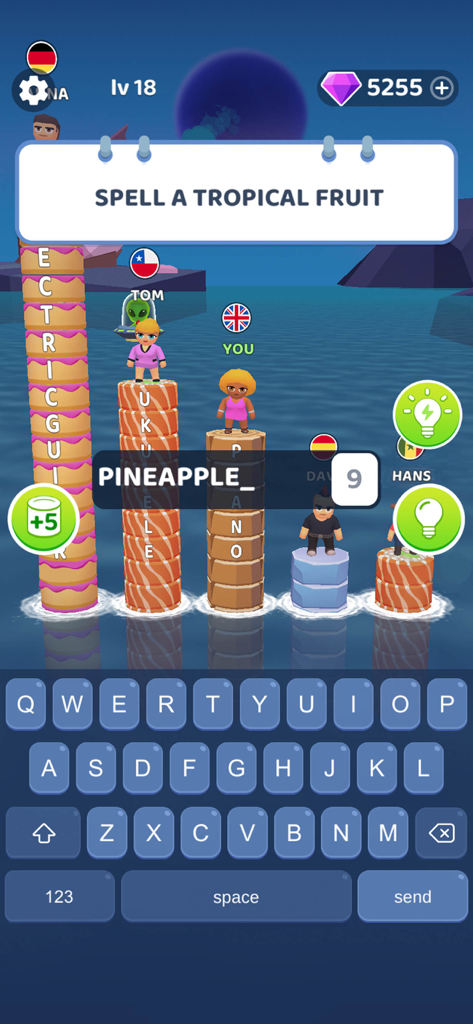 Words to Win - Guess Words - Un juego de carrera de ortografía donde los jugadores escriben palabras para elevar las plataformas de sus personajes por encima del agua.