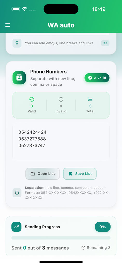 WA Auto - Écran de l'application WA Auto pour saisir des numéros de téléphone et suivre la progression de l'envoi des messages