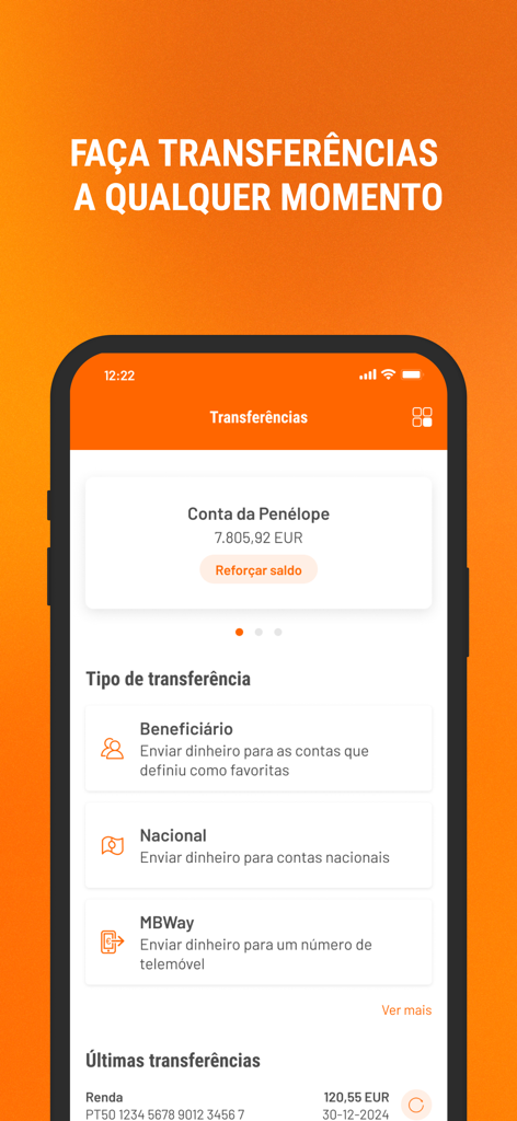 BPI App - A smartphone showing the BPI App transfers interface with options for national and MB Way payments