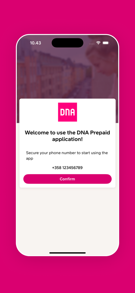 Welcome screen for the DNA Prepaid app showing a phone number confirmation prompt and a confirm button