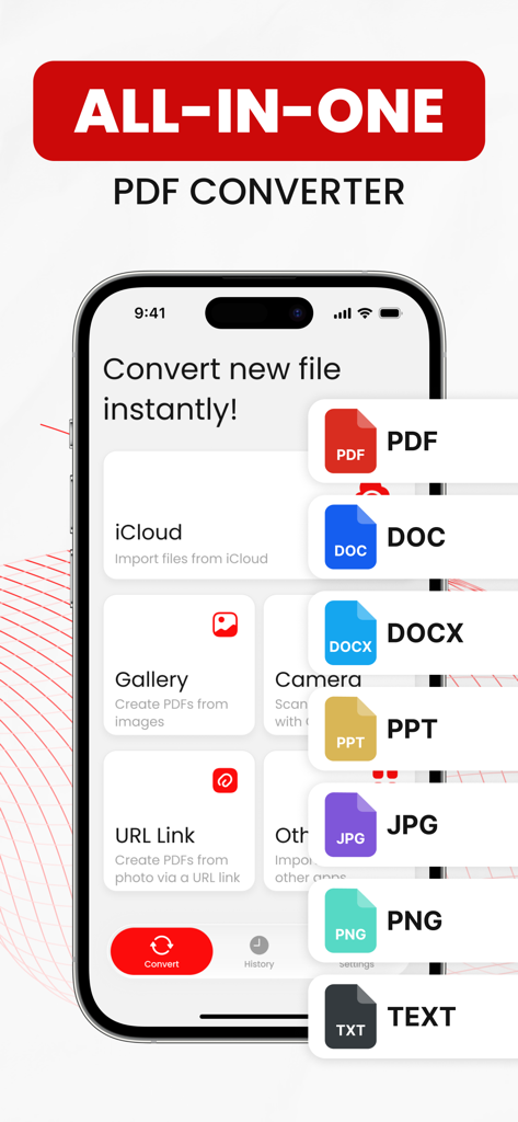 All-in-one PDF converter mobile app interface showing document format options and import sources