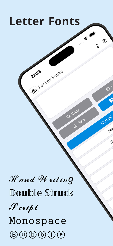 Letter Fonts - Text Stylish - App interface of Letter Fonts showing various stylish text options including handwriting and bubble fonts.