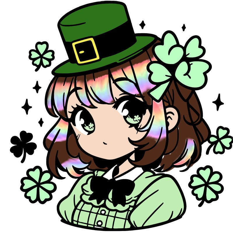 a manga-style girl with clovers around her, a little hat in her hair, like it's saint patrick's day