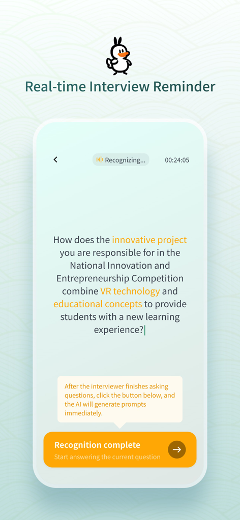 OfferGoose-AI Resume&Interview - Mobile screen showing real-time speech recognition of an interview question in the OfferGoose app