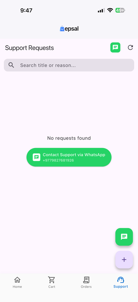 The customer support requests page of the NEPSAL app featuring a direct button to contact support via WhatsApp