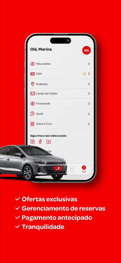 Tela de perfil do usuário do aplicativo móvel de aluguel de carros Foco mostrando configurações da conta e benefícios de aluguel