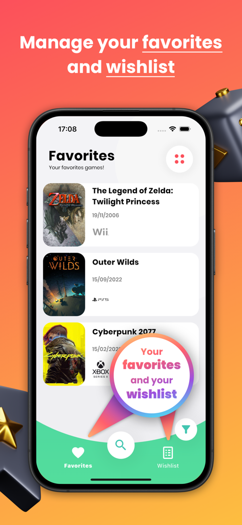Radion - Video Games - Interface de l'application Radion montrant une liste de favoris d'utilisateur avec des jeux comme Zelda et Cyberpunk 2077