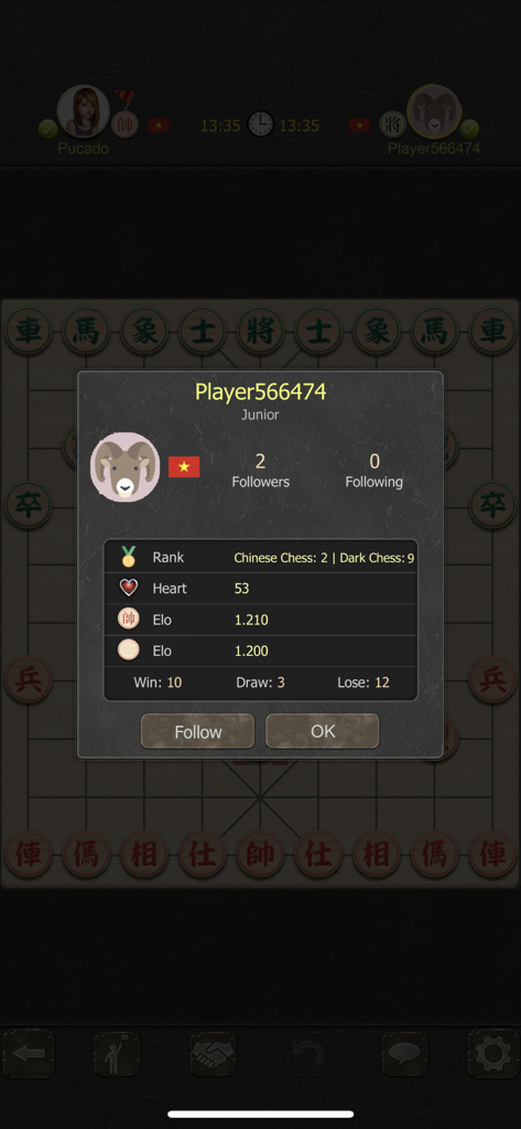 Xiangqi Online - Dark Chess - Player profile popup in Xiangqi Online displaying rank and Elo ratings