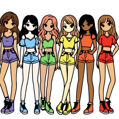 a group of girls wearing crop tops and shorts