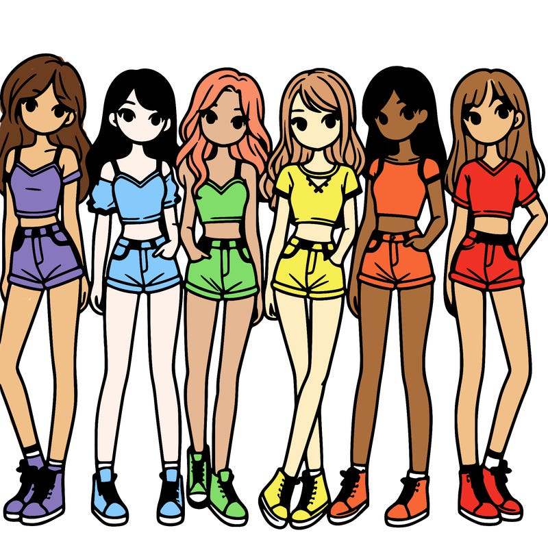 a group of girls wearing crop tops and shorts
