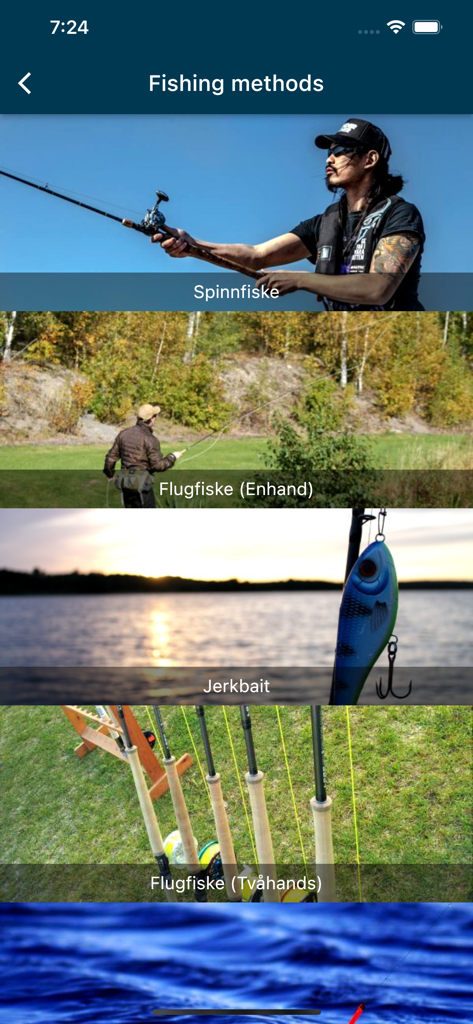 iFiske - Fishing Permits - A screen from the iFiske app displaying a guide for various fishing methods in Sweden including spin and fly fishing