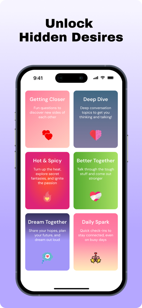 PairQ - Love Cue & Couple Quiz - PairQ app interface showing six colorful conversation categories for couples to enhance their relationship connection.