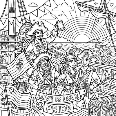 Set sail for an adventure of love and acceptance with this unique pirate Pride coloring page. Join a lively crew of buccaneers as they celebrate diversity on the high seas, surrounded by festive flags and a beautiful rainbow.