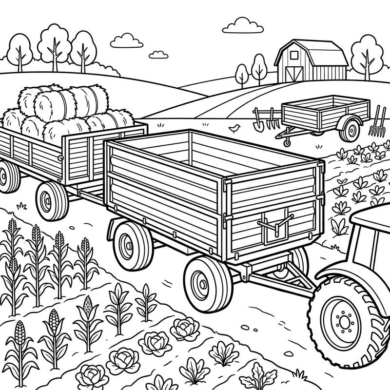 Get ready for a fascinating farm adventure with this engaging coloring page, perfect for young artists. Kids can bring to life a busy agricultural scene featuring a tractor pulling trailers loaded with hay, surrounded by growing crops.