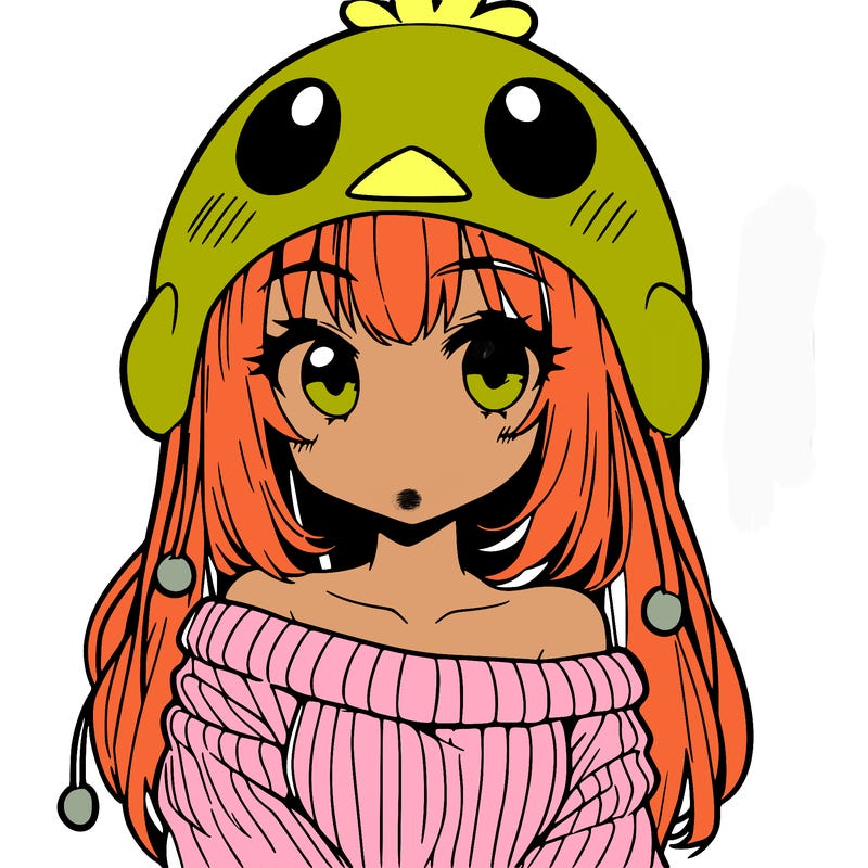anime girl with chick shaped hat with sweater with bare shoulders with bangs covering them one eye with low tail