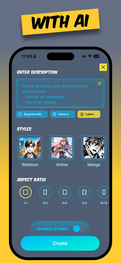 Comics AI - Interfaz de la aplicación Comics AI para generar arte de cómic con un prompt de descripción y opciones de estilo como Webtoon, Anime y Manga