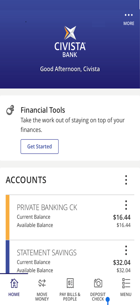 CB-Mobile Banking - Civista Bank mobile app screen displaying account balances and financial tools