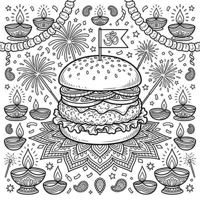 Dive into a unique Diwali celebration with this black bean burger coloring page, featuring intricate patterns and festive elements. It's a perfect blend of culinary creativity and cultural festivity, ready for your artistic touch.
