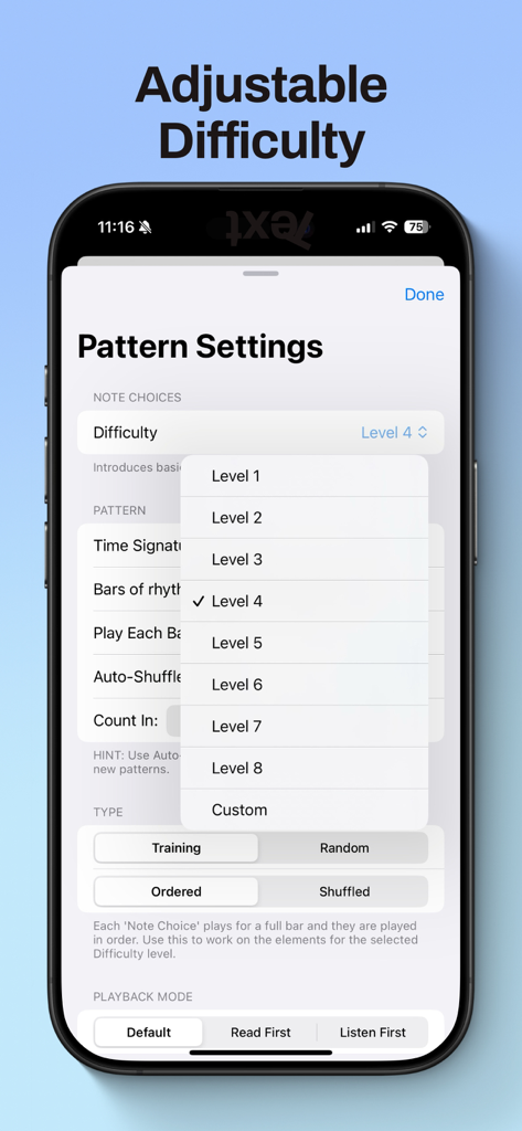Rhythm Generator - Mobile screen showing adjustable difficulty levels in the Rhythm Generator app pattern settings.