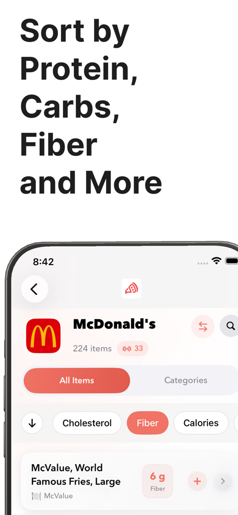 Cheat Day - Eat Out Smarter - 食物繊維含有量で絞り込まれたレストランメニューアイテムと、タンパク質、炭水化物、カロリーのボタンが表示されたチートデイアプリ画面