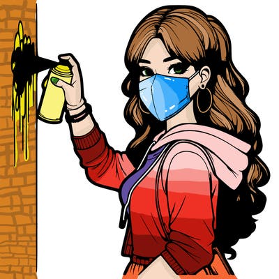 realistic girl with mask spray painting a wall