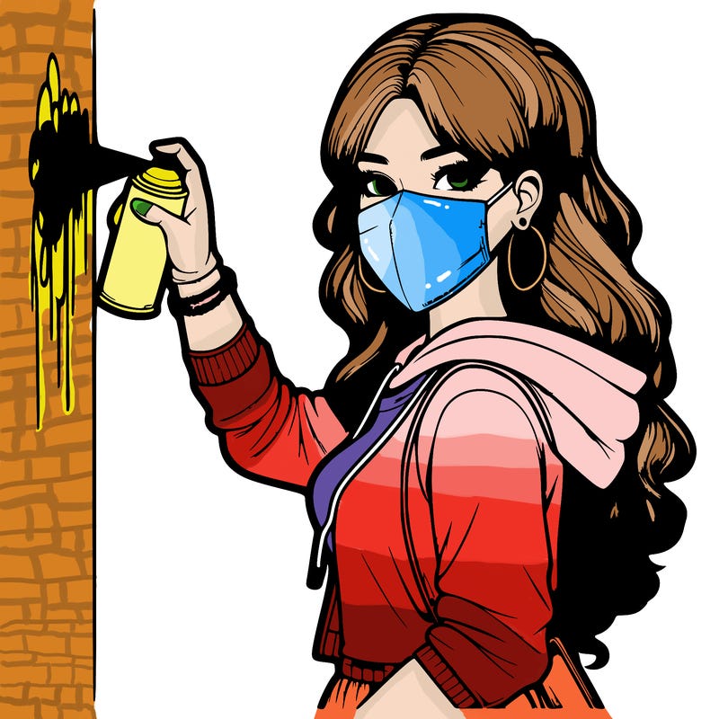 realistic girl with mask spray painting a wall