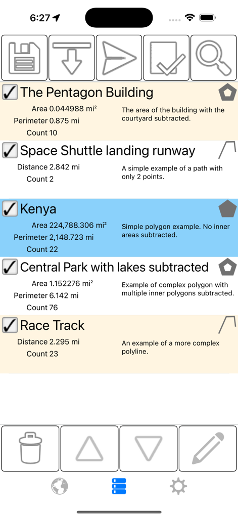 Distance and Area Measure - Interface of the Distance and Area Measure app showing a list of saved measurements for land areas and distances with detailed perimeter and area data.