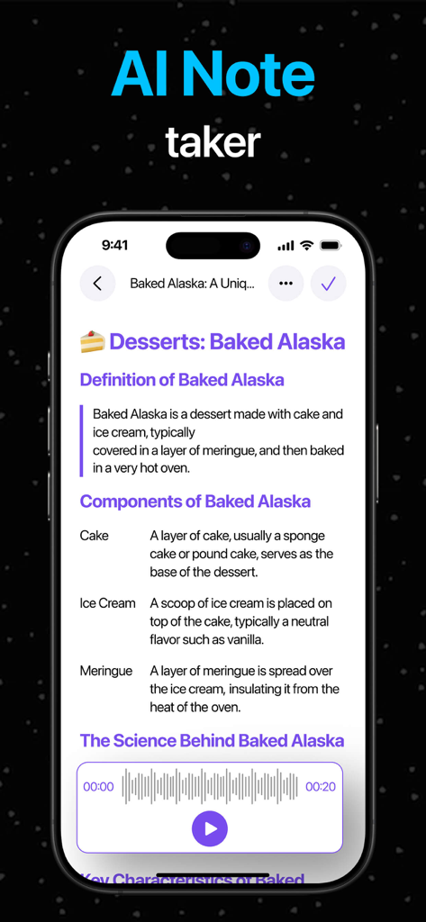 Pantalla de teléfono inteligente que muestra notas de IA organizadas con un reproductor de audio incorporado.