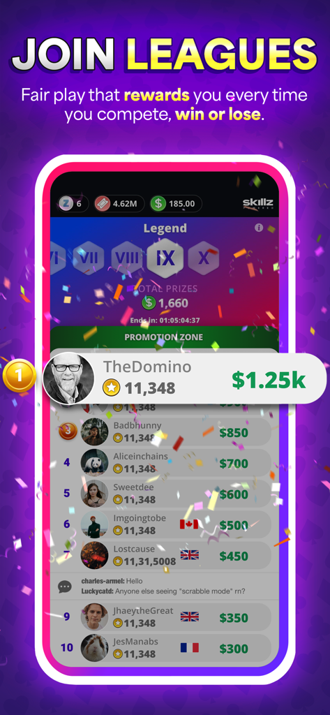 Solitaire Skillz - Win Cash - Tela de classificação do Solitaire Skillz mostrando prêmios em dinheiro e rankings em ligas competitivas