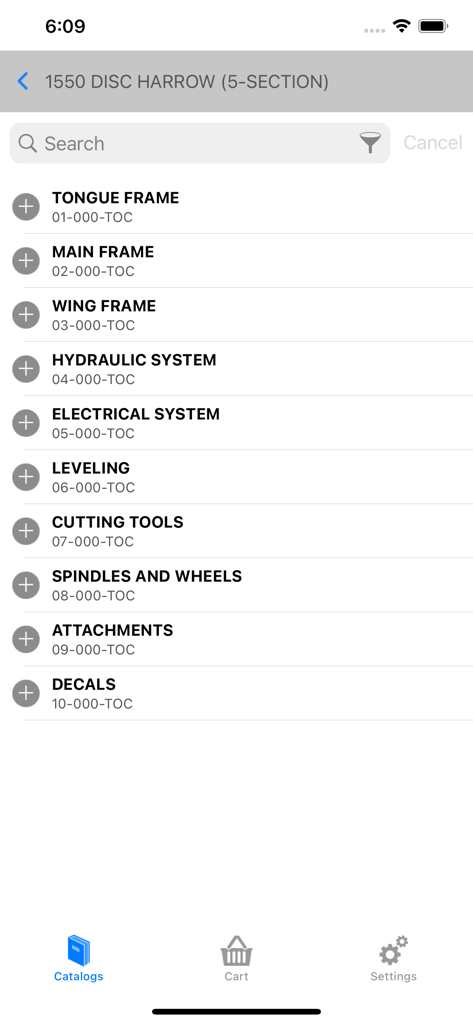 Mobile app screen showing a list of part categories for agricultural machinery including frames and hydraulic systems