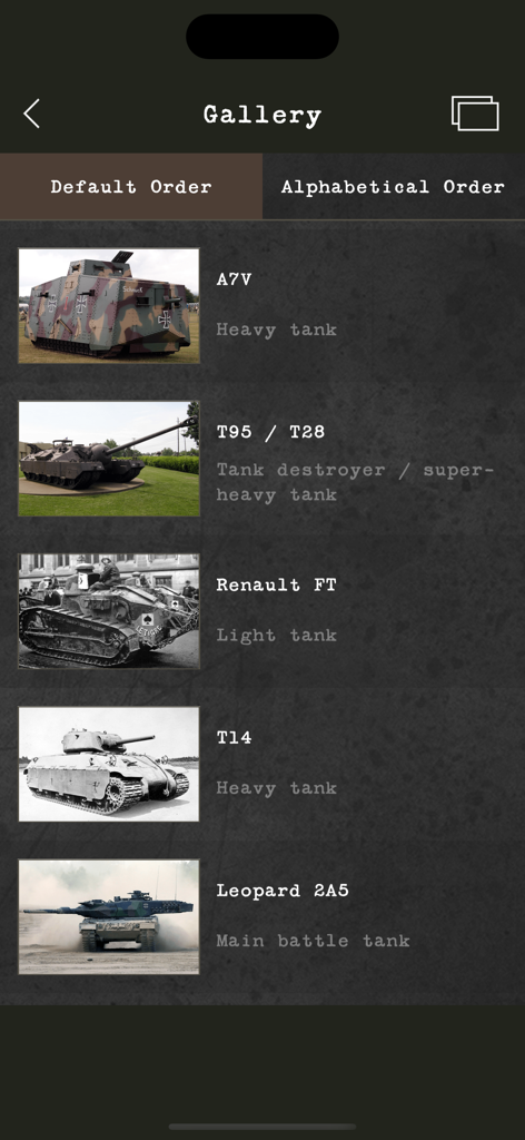 A list of armored vehicles in the Tank Lineup app gallery featuring models like the A7V and Leopard 2A5