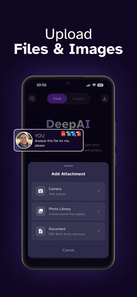 DeepAI: AI Chat, Image & Video - DeepAI mobile app screen showing options to upload files and images for AI analysis