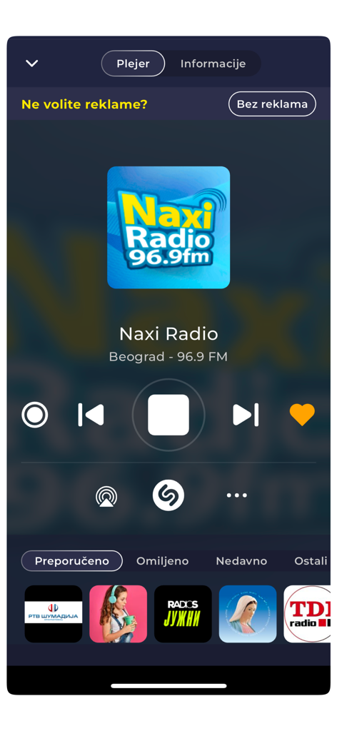 Radio Serbia FM Online Live - Tela do player do aplicativo Rádio Sérvia FM mostrando a estação Naxi Rádio tocando.