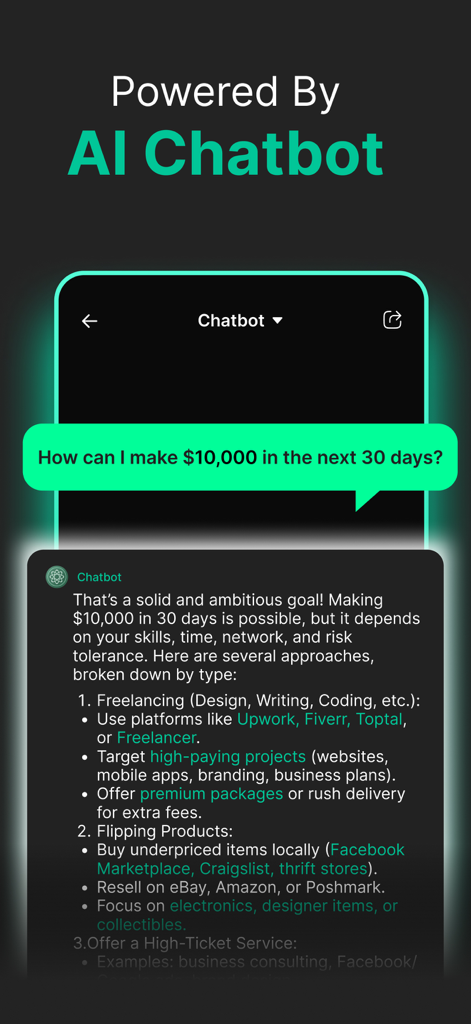 AI Chatbot 4 - Chat with AI - AI Chatbot 4 interface displaying a detailed response to a user query about making money through freelancing and product flipping.