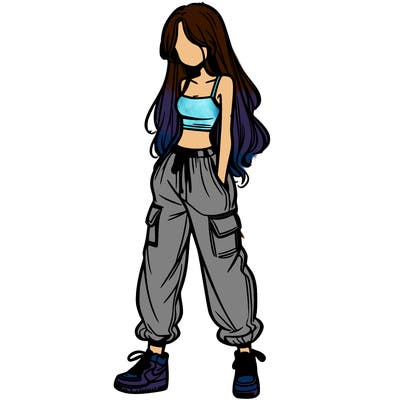 girl in baggy pants crop top and long hair