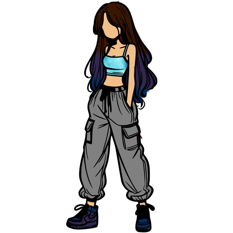 girl in baggy pants crop top and long hair
