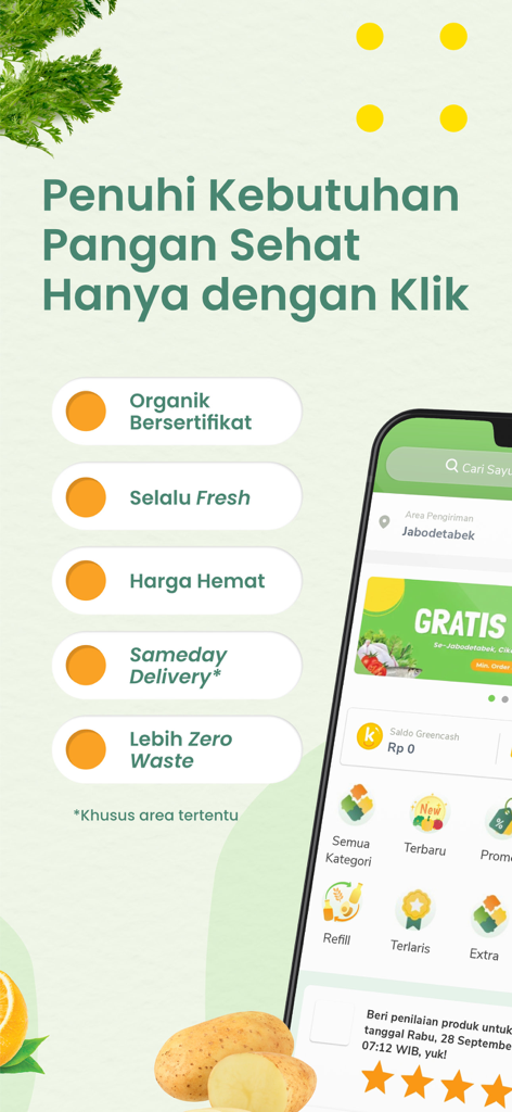 Kecipir - Sayur Organik Sehat - Kecipir app interface showing certified organic and zero waste grocery delivery features