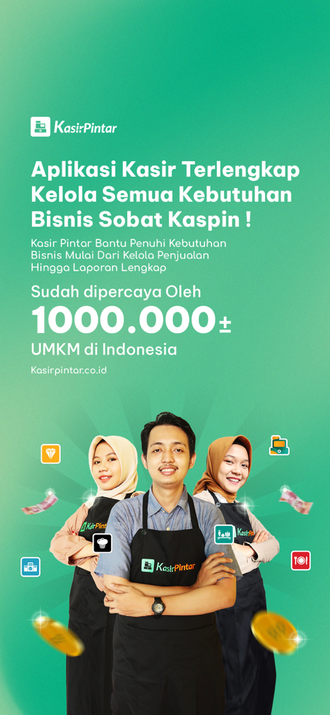 Three entrepreneurs in aprons promoting Kasir Pintar POS business app for small businesses